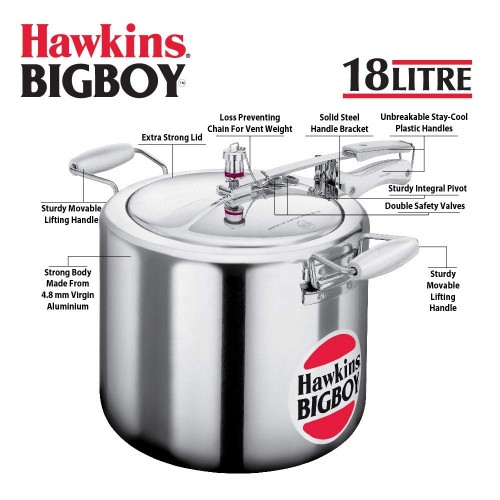 Hawkins Bigboy Aluminum 18 Litre Pressure Cooker with Separators and Grid to Cook Different Foods at The Same Time