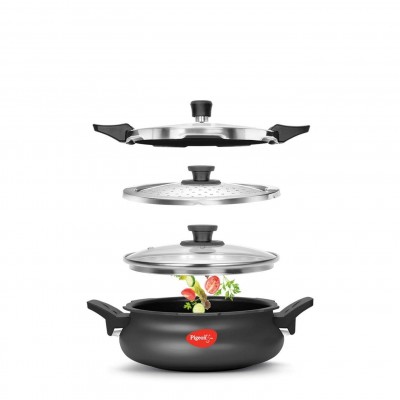 Pigeon By Stovekraft All-In-One Hard Anodized Super Cooker Set, 3 Ltrs, 4-Pieces, Black.