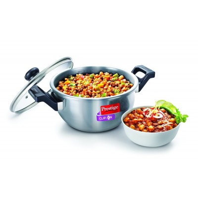 Prestige Clip On Stainless Steel Kadai with Glass Lid Accessory, 3.5L, Metallic Silver