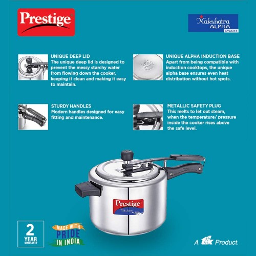 Prestige 5L Alpha Deluxe Induction Base Stainless Steel Deep Pressure Pan,  5.0-Liter, Silver