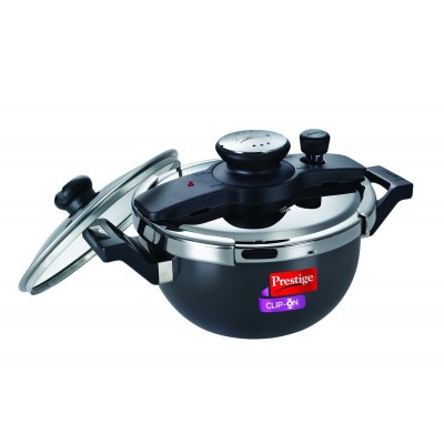 Prestige Clip On Hard Anodised Kadai Pressure Cooker with Glass Lid, Black, 3.5 L