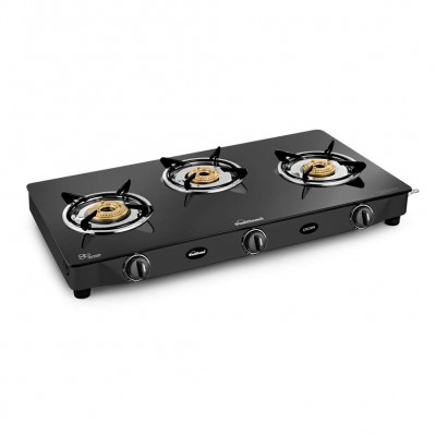 Sunflame Crown 3 Burner Glass Top Gas Stove (Manual Ignition, Black) 